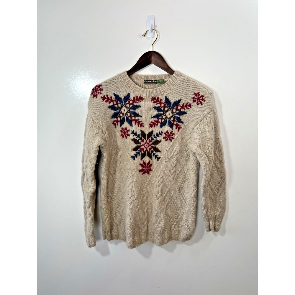 Women's Fair Isle Wool Fisherman Sweater Size M Beige Multicolor Festive Classic